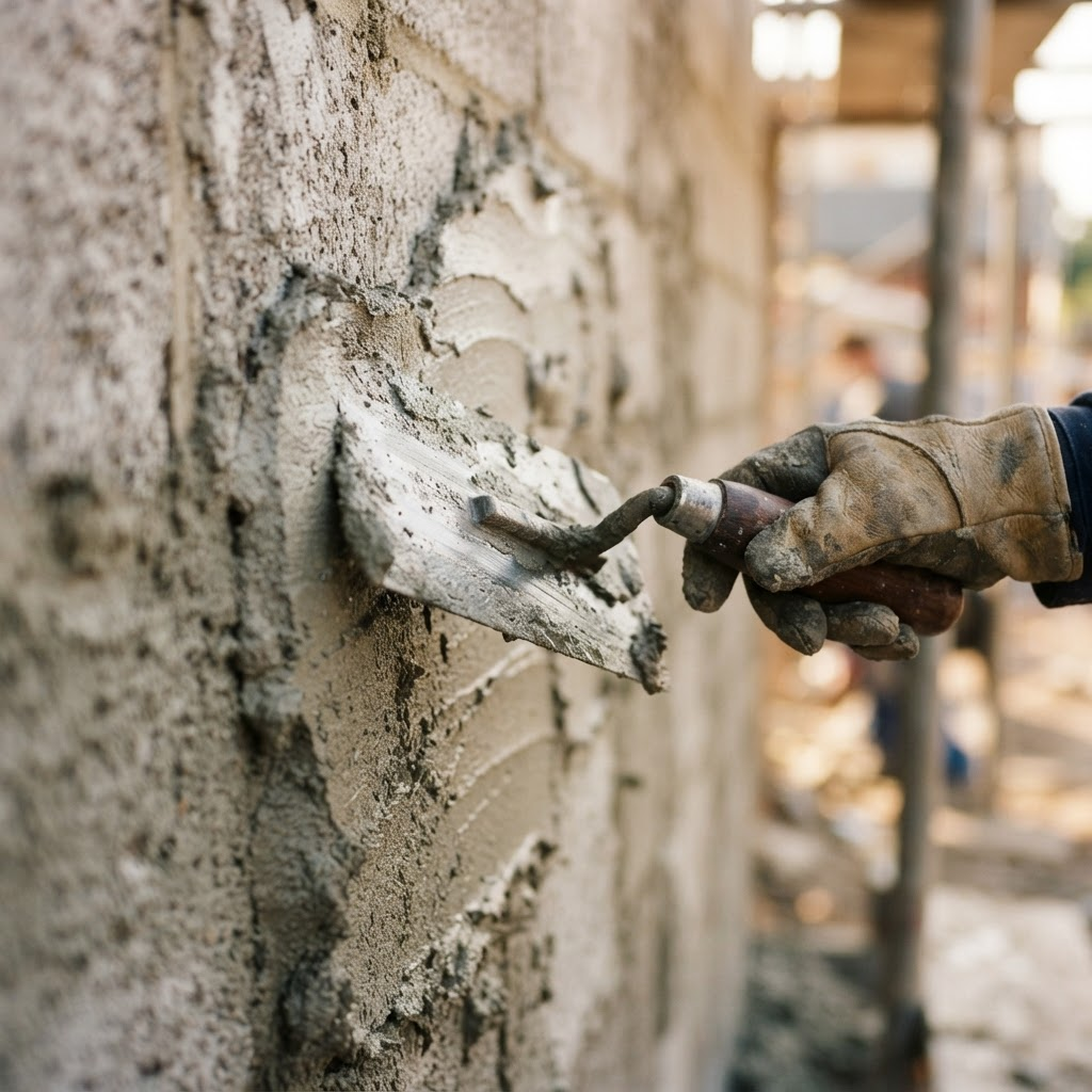 Close-up of a trowel smoothing fresh cement render on an exterior wall
